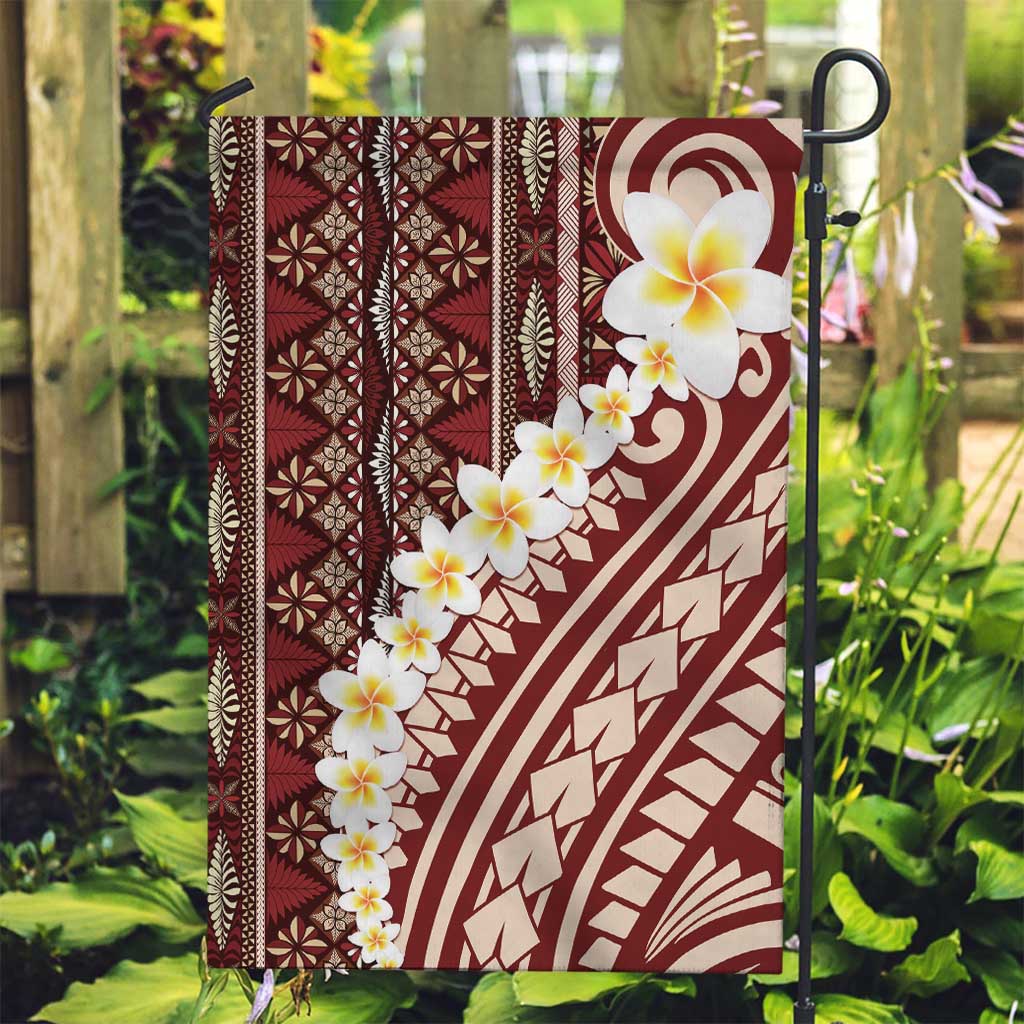 Red Vintage Tonga Ngatu Pattern With Plumeria Garden Flag - Polynesian Pride