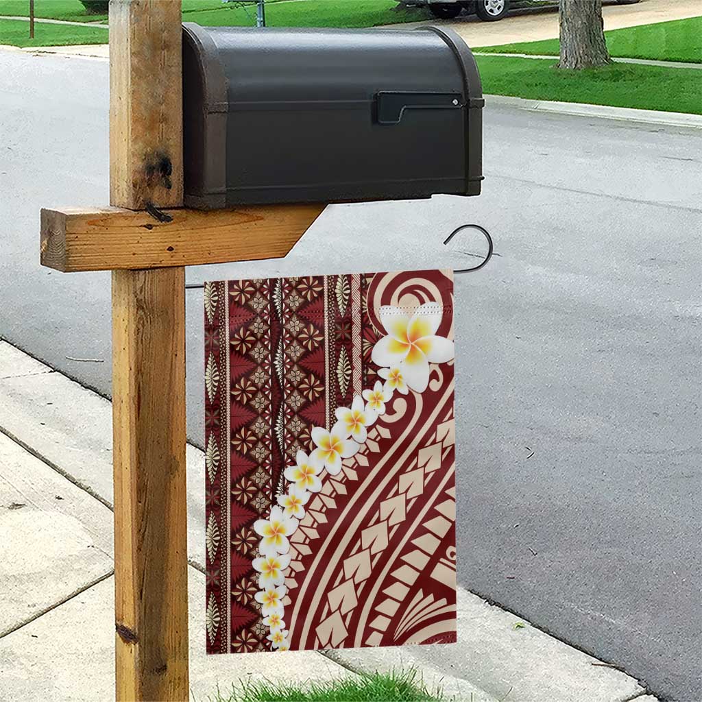 Red Vintage Tonga Ngatu Pattern With Plumeria Garden Flag - Polynesian Pride