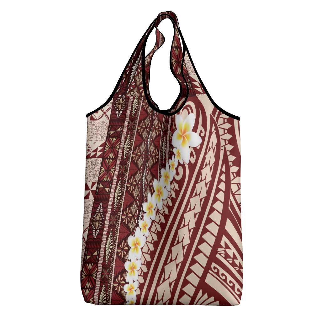 Red Vintage Tonga Ngatu Pattern With Plumeria Grocery Bag - Polynesian Pride