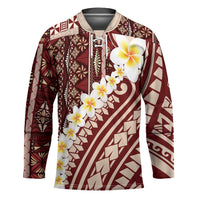 Red Vintage Tonga Ngatu Pattern With Plumeria Hockey Jersey - Polynesian Pride