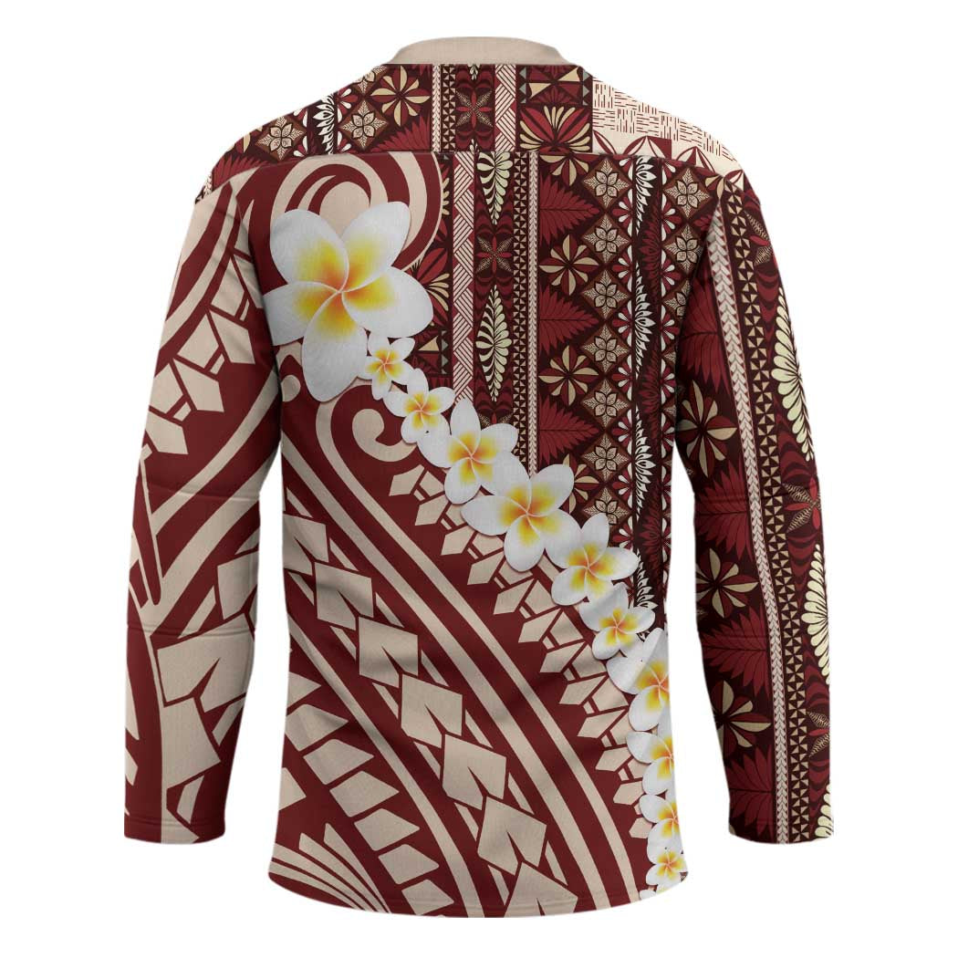 Red Vintage Tonga Ngatu Pattern With Plumeria Hockey Jersey - Polynesian Pride