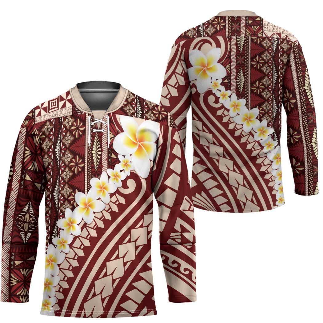 Red Vintage Tonga Ngatu Pattern With Plumeria Hockey Jersey - Polynesian Pride