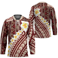 Red Vintage Tonga Ngatu Pattern With Plumeria Hockey Jersey - Polynesian Pride