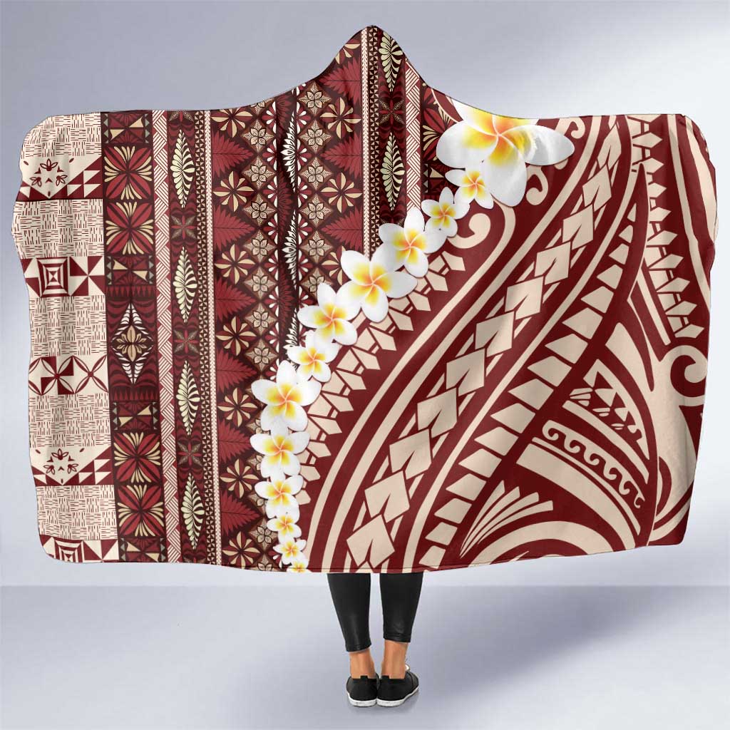 Red Vintage Tonga Ngatu Pattern With Plumeria Hooded Blanket - Polynesian Pride