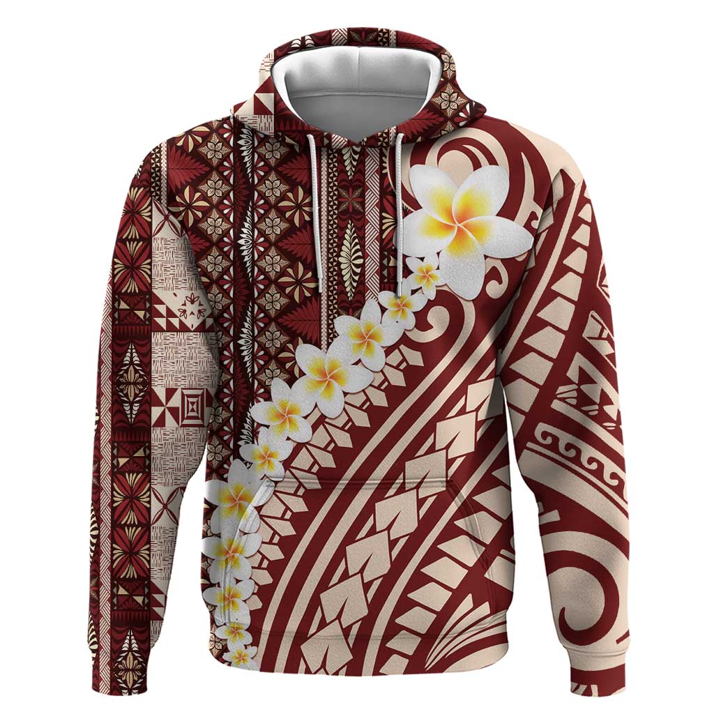 Red Vintage Tonga Ngatu Pattern With Plumeria Hoodie - Polynesian Pride