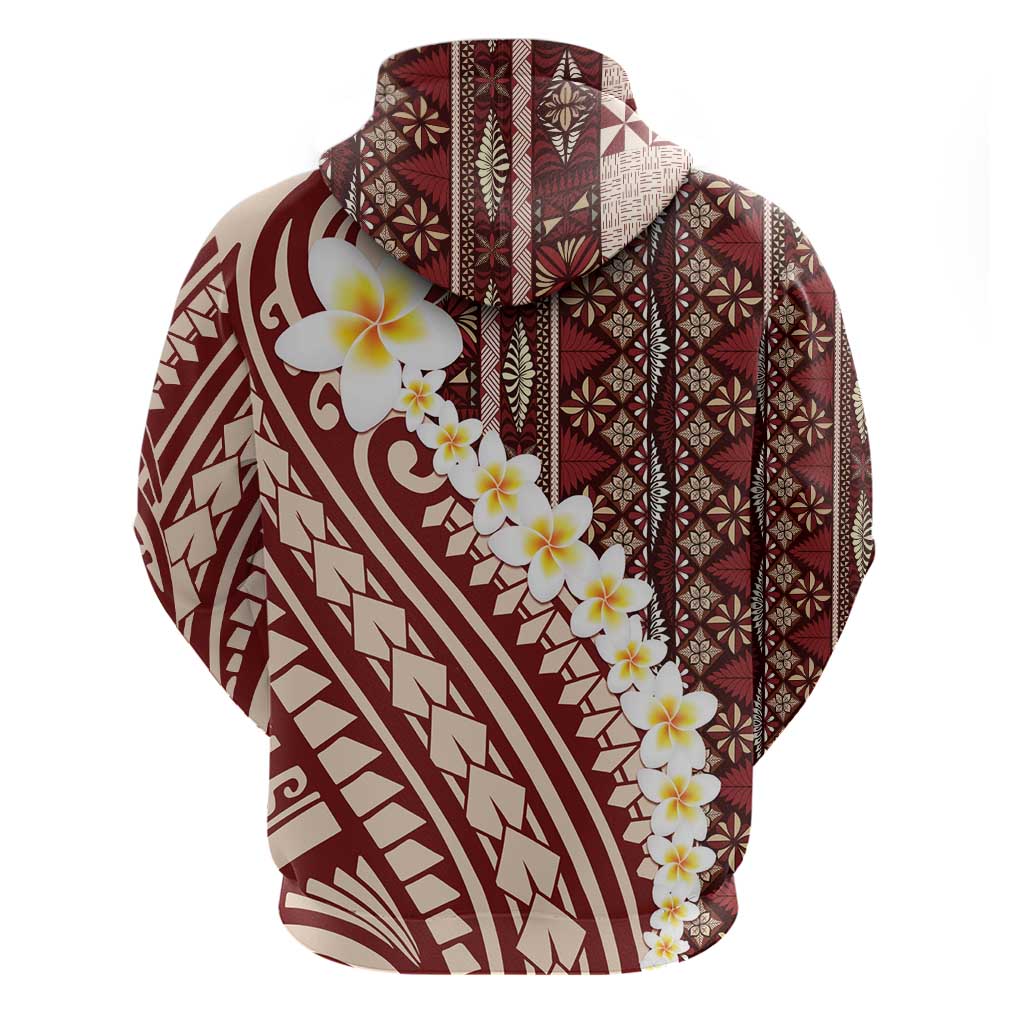 Red Vintage Tonga Ngatu Pattern With Plumeria Hoodie - Polynesian Pride