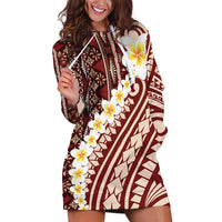 Red Vintage Tonga Ngatu Pattern With Plumeria Hoodie Dress - Polynesian Pride