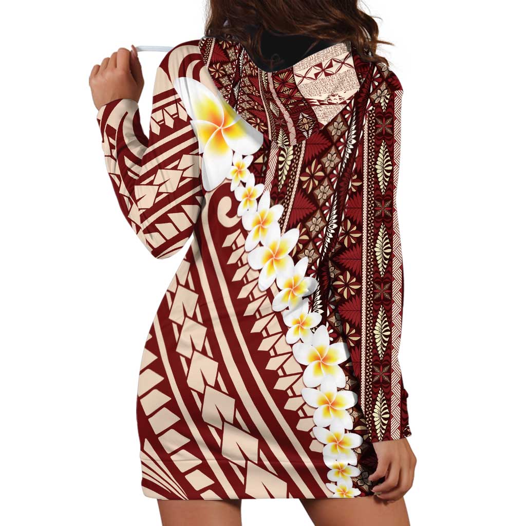 Red Vintage Tonga Ngatu Pattern With Plumeria Hoodie Dress - Polynesian Pride