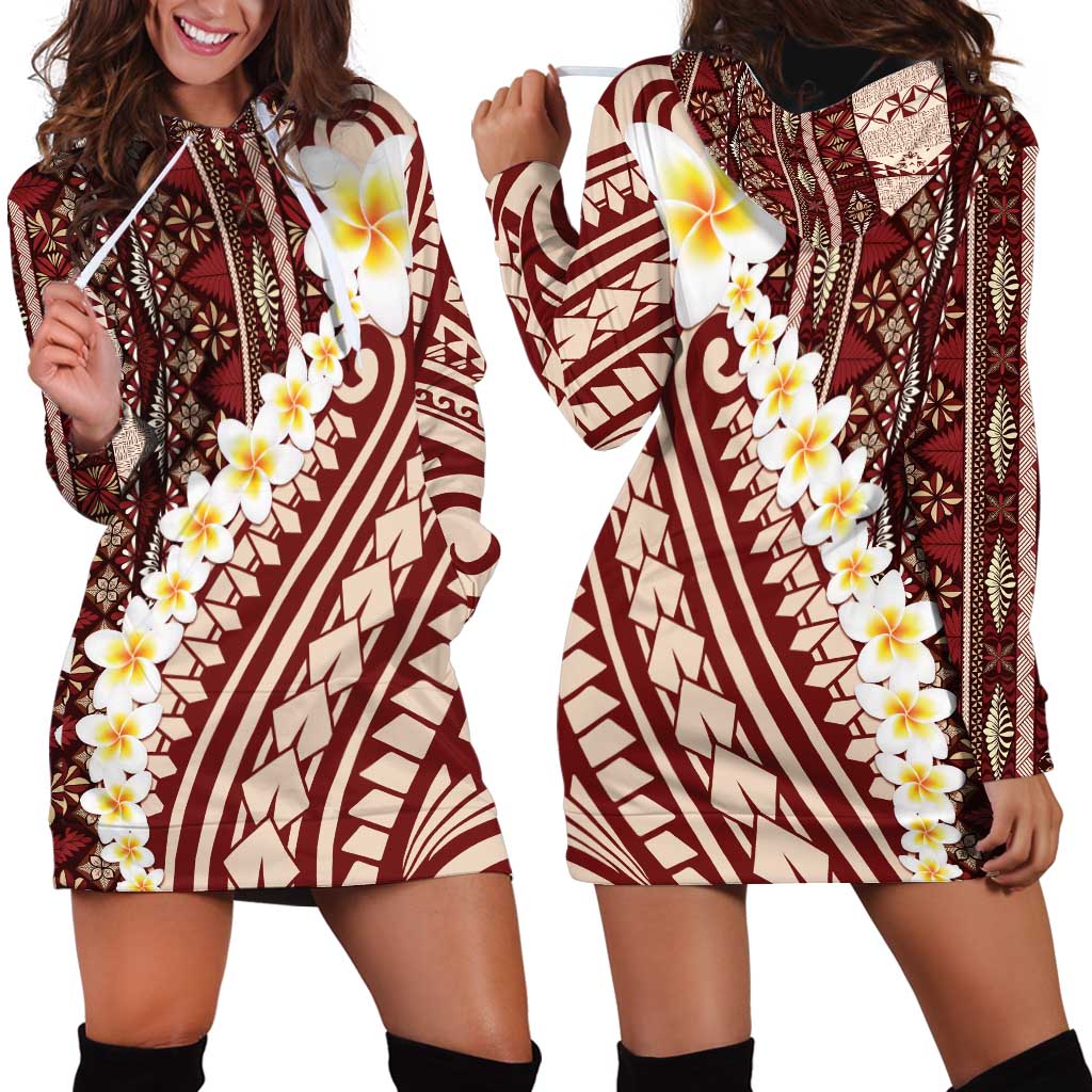 Red Vintage Tonga Ngatu Pattern With Plumeria Hoodie Dress - Polynesian Pride