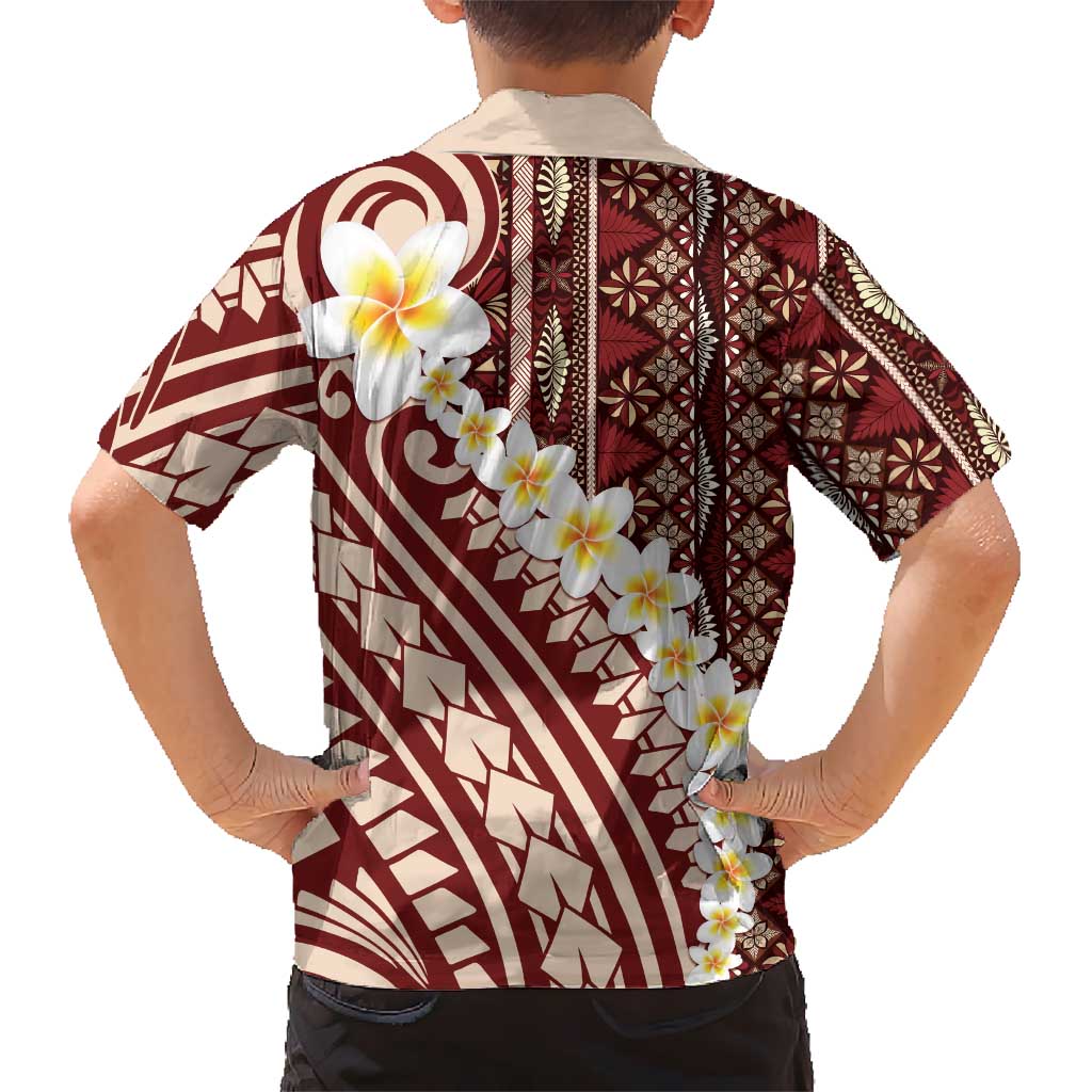 Red Vintage Tonga Ngatu Pattern With Plumeria Kid Hawaiian Shirt - Polynesian Pride