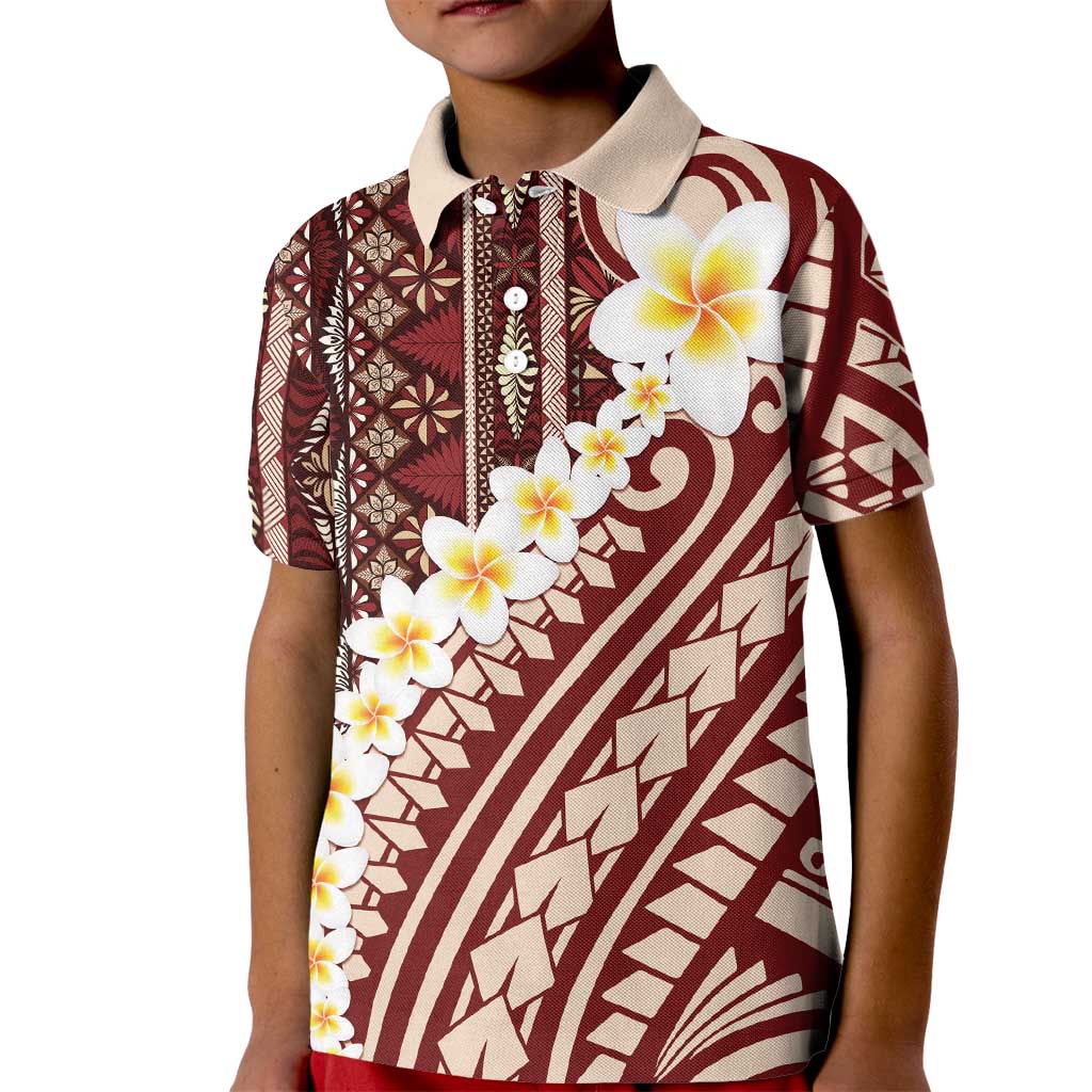 Red Vintage Tonga Ngatu Pattern With Plumeria Kid Polo Shirt - Polynesian Pride
