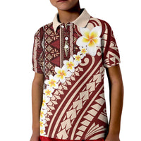 Red Vintage Tonga Ngatu Pattern With Plumeria Kid Polo Shirt - Polynesian Pride