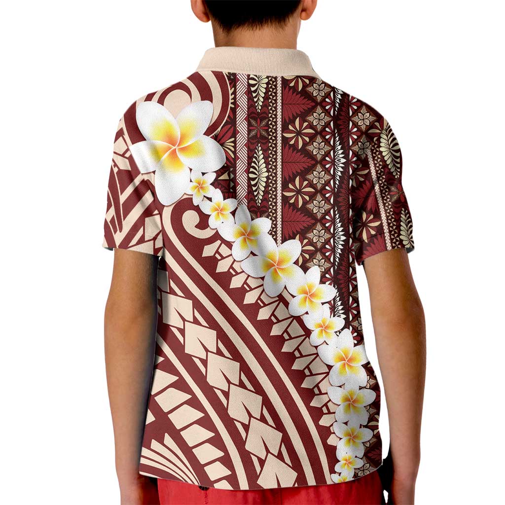 Red Vintage Tonga Ngatu Pattern With Plumeria Kid Polo Shirt - Polynesian Pride