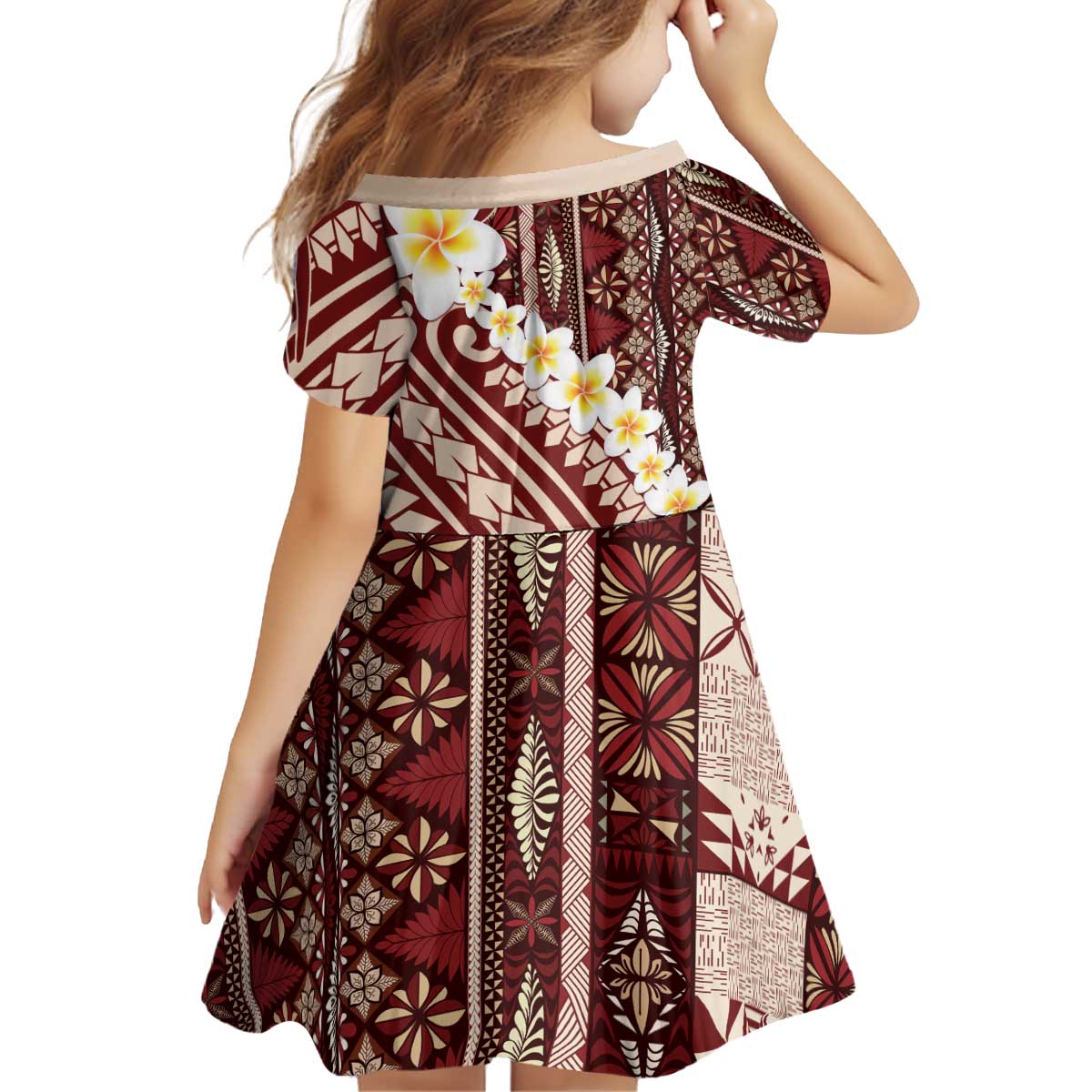 Red Vintage Tonga Ngatu Pattern With Plumeria Kid Short Sleeve Dress - Polynesian Pride