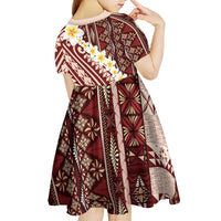 Red Vintage Tonga Ngatu Pattern With Plumeria Kid Short Sleeve Dress - Polynesian Pride