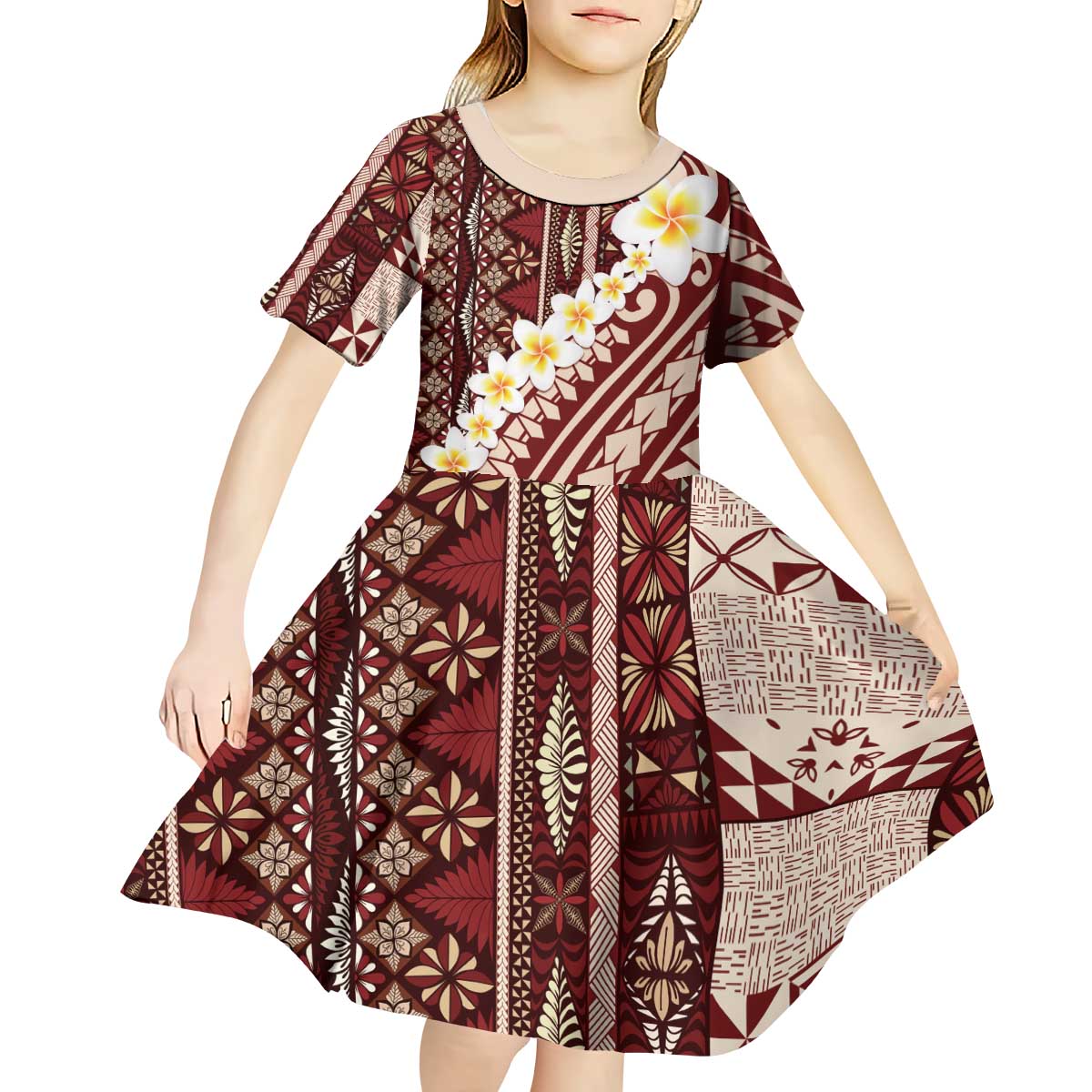 Red Vintage Tonga Ngatu Pattern With Plumeria Kid Short Sleeve Dress - Polynesian Pride