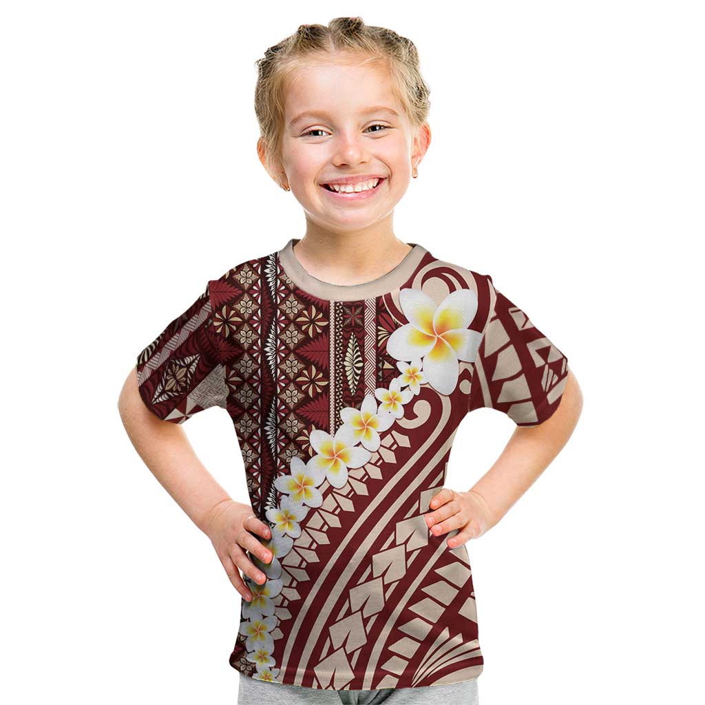 Red Vintage Tonga Ngatu Pattern With Plumeria Kid T Shirt - Polynesian Pride
