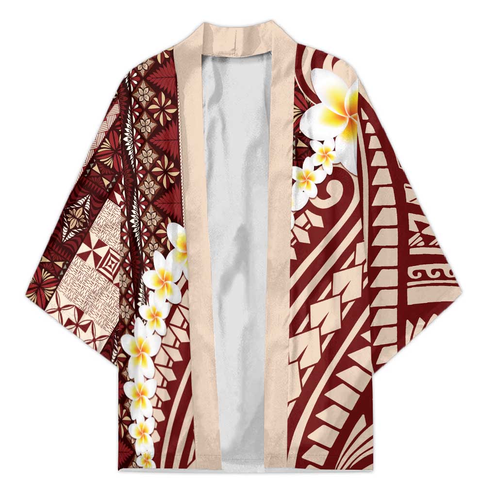 Red Vintage Tonga Ngatu Pattern With Plumeria Kimono - Polynesian Pride