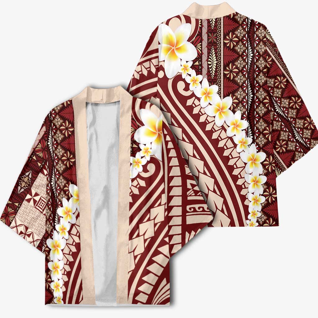 Red Vintage Tonga Ngatu Pattern With Plumeria Kimono - Polynesian Pride