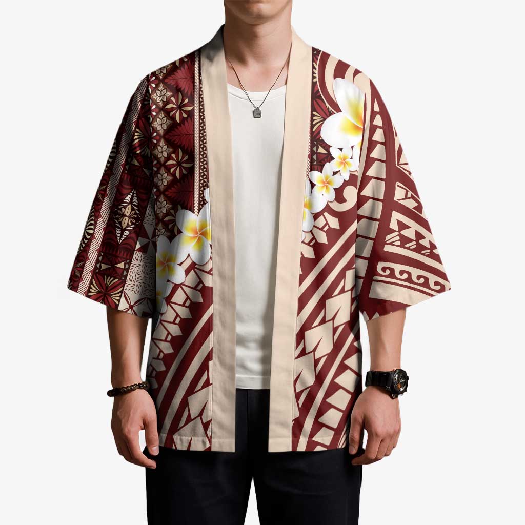 Red Vintage Tonga Ngatu Pattern With Plumeria Kimono - Polynesian Pride