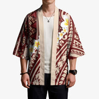 Red Vintage Tonga Ngatu Pattern With Plumeria Kimono - Polynesian Pride
