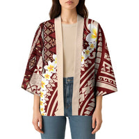 Red Vintage Tonga Ngatu Pattern With Plumeria Kimono - Polynesian Pride