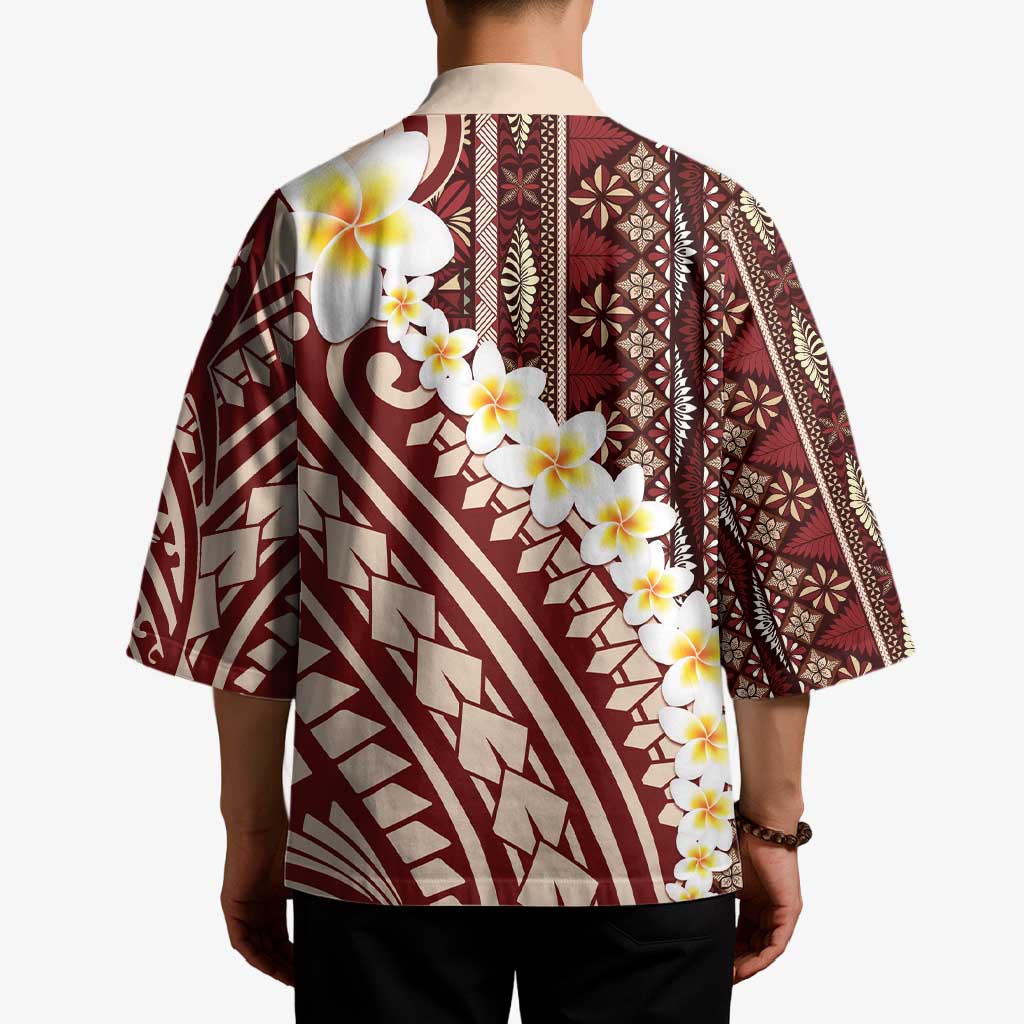 Red Vintage Tonga Ngatu Pattern With Plumeria Kimono - Polynesian Pride