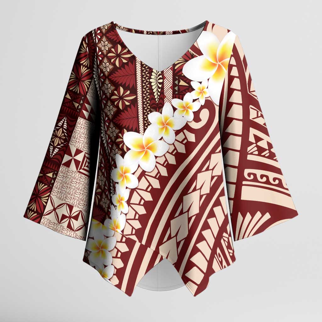 Red Vintage Tonga Ngatu Pattern With Plumeria Kimono Sleeve Blouse - Polynesian Pride