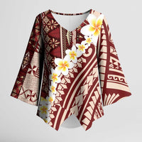 Red Vintage Tonga Ngatu Pattern With Plumeria Kimono Sleeve Blouse - Polynesian Pride