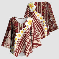 Red Vintage Tonga Ngatu Pattern With Plumeria Kimono Sleeve Blouse - Polynesian Pride