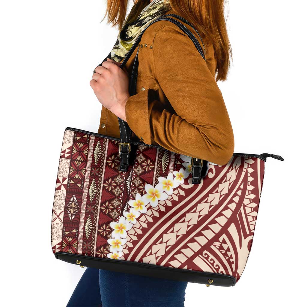 Red Vintage Tonga Ngatu Pattern With Plumeria Leather Tote Bag - Polynesian Pride