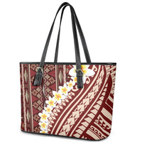 Red Vintage Tonga Ngatu Pattern With Plumeria Leather Tote Bag - Polynesian Pride