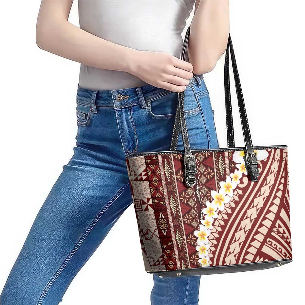Red Vintage Tonga Ngatu Pattern With Plumeria Leather Tote Bag - Polynesian Pride