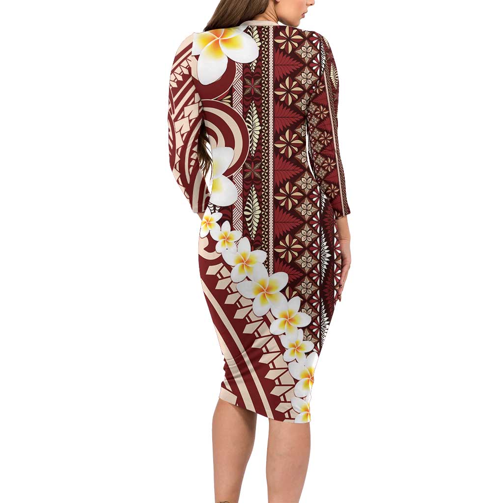 Red Vintage Tonga Ngatu Pattern With Plumeria Long Sleeve Bodycon Dress LT05 - Polynesian Pride