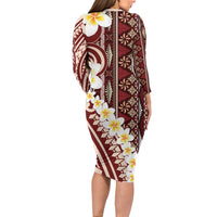 Red Vintage Tonga Ngatu Pattern With Plumeria Long Sleeve Bodycon Dress LT05 - Polynesian Pride