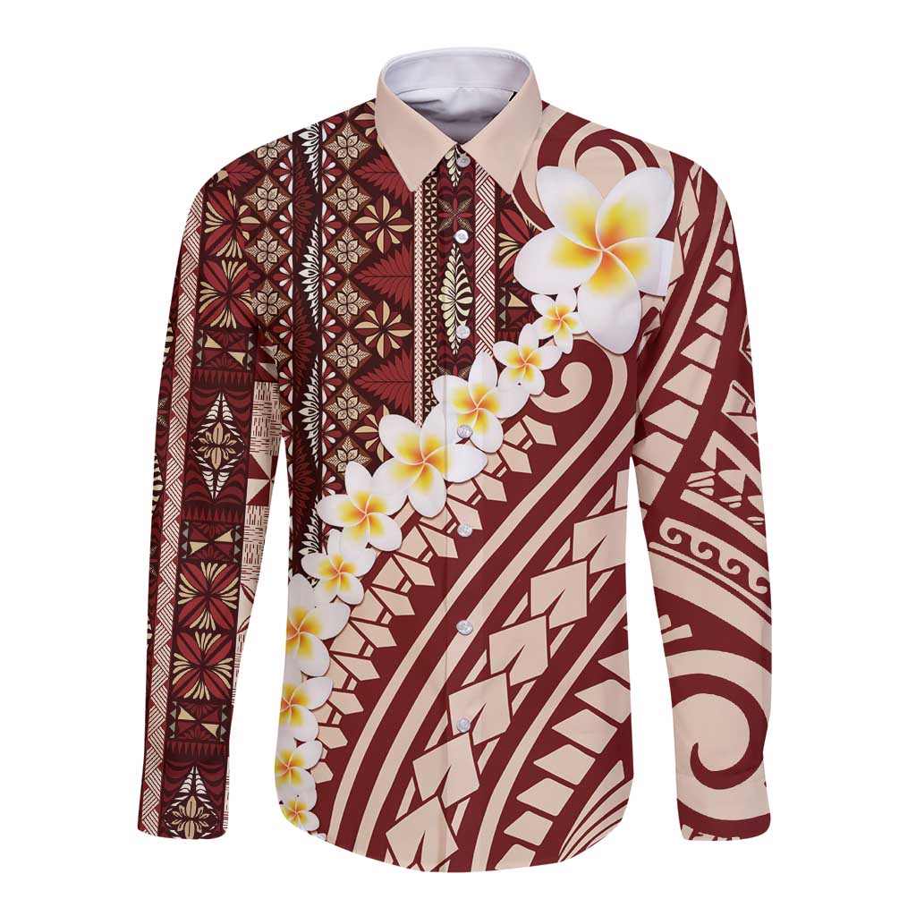 Red Vintage Tonga Ngatu Pattern With Plumeria Long Sleeve Button Shirt - Polynesian Pride