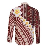 Red Vintage Tonga Ngatu Pattern With Plumeria Long Sleeve Button Shirt - Polynesian Pride