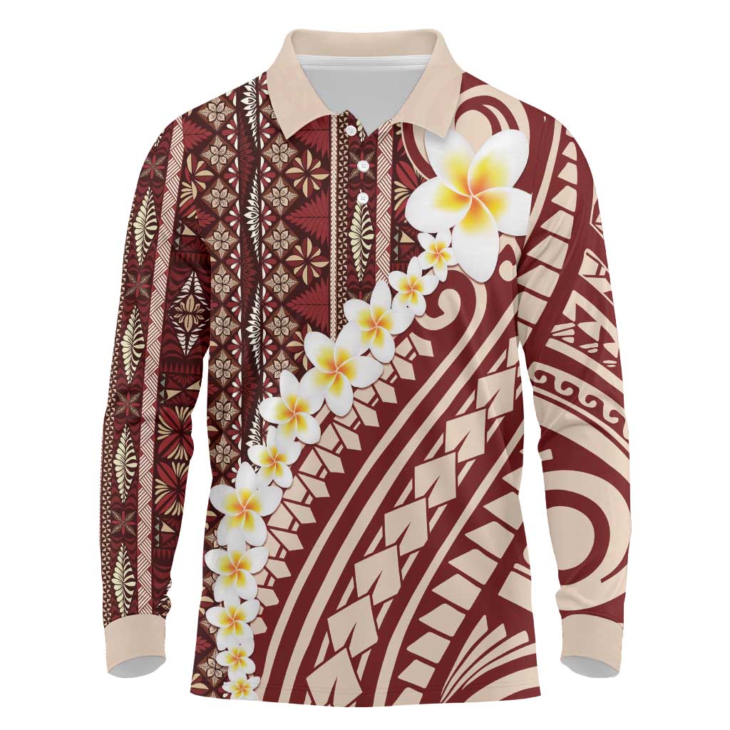 Red Vintage Tonga Ngatu Pattern With Plumeria Long Sleeve Polo Shirt - Polynesian Pride