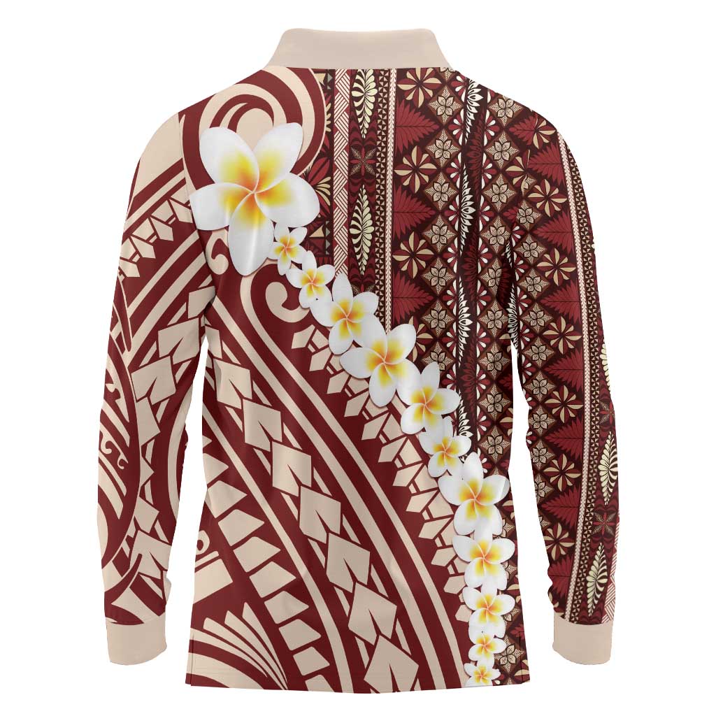 Red Vintage Tonga Ngatu Pattern With Plumeria Long Sleeve Polo Shirt - Polynesian Pride