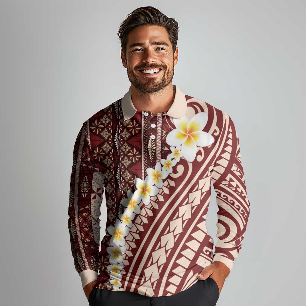 Red Vintage Tonga Ngatu Pattern With Plumeria Long Sleeve Polo Shirt - Polynesian Pride