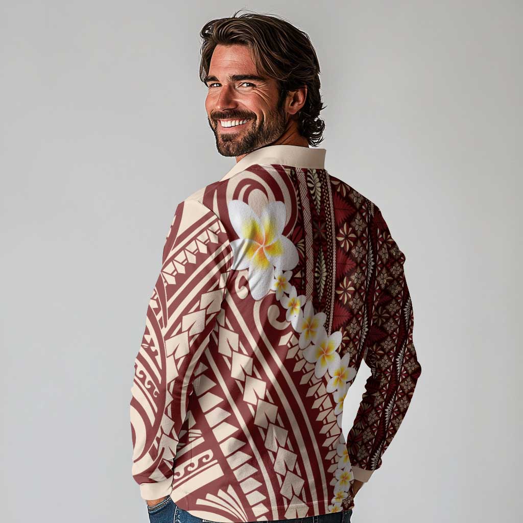 Red Vintage Tonga Ngatu Pattern With Plumeria Long Sleeve Polo Shirt - Polynesian Pride