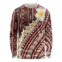 Red Vintage Tonga Ngatu Pattern With Plumeria Long Sleeve Shirt - Polynesian Pride