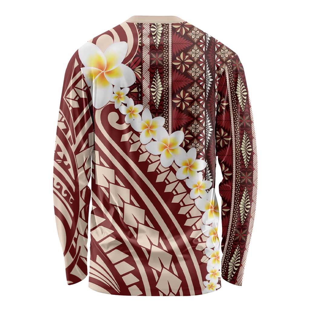 Red Vintage Tonga Ngatu Pattern With Plumeria Long Sleeve Shirt - Polynesian Pride