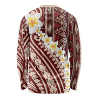 Red Vintage Tonga Ngatu Pattern With Plumeria Long Sleeve Shirt - Polynesian Pride