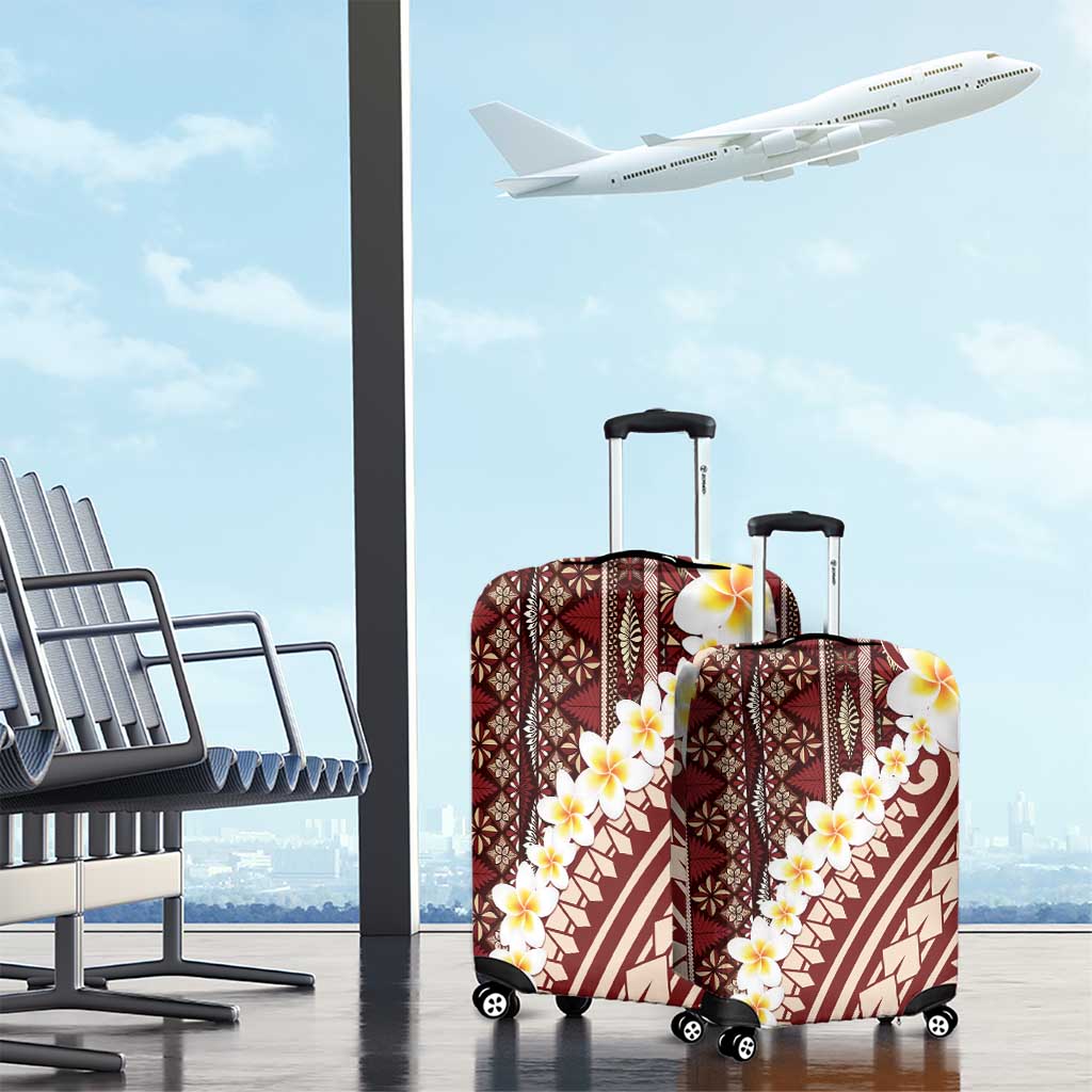 Red Vintage Tonga Ngatu Pattern With Plumeria Luggage Cover - Polynesian Pride