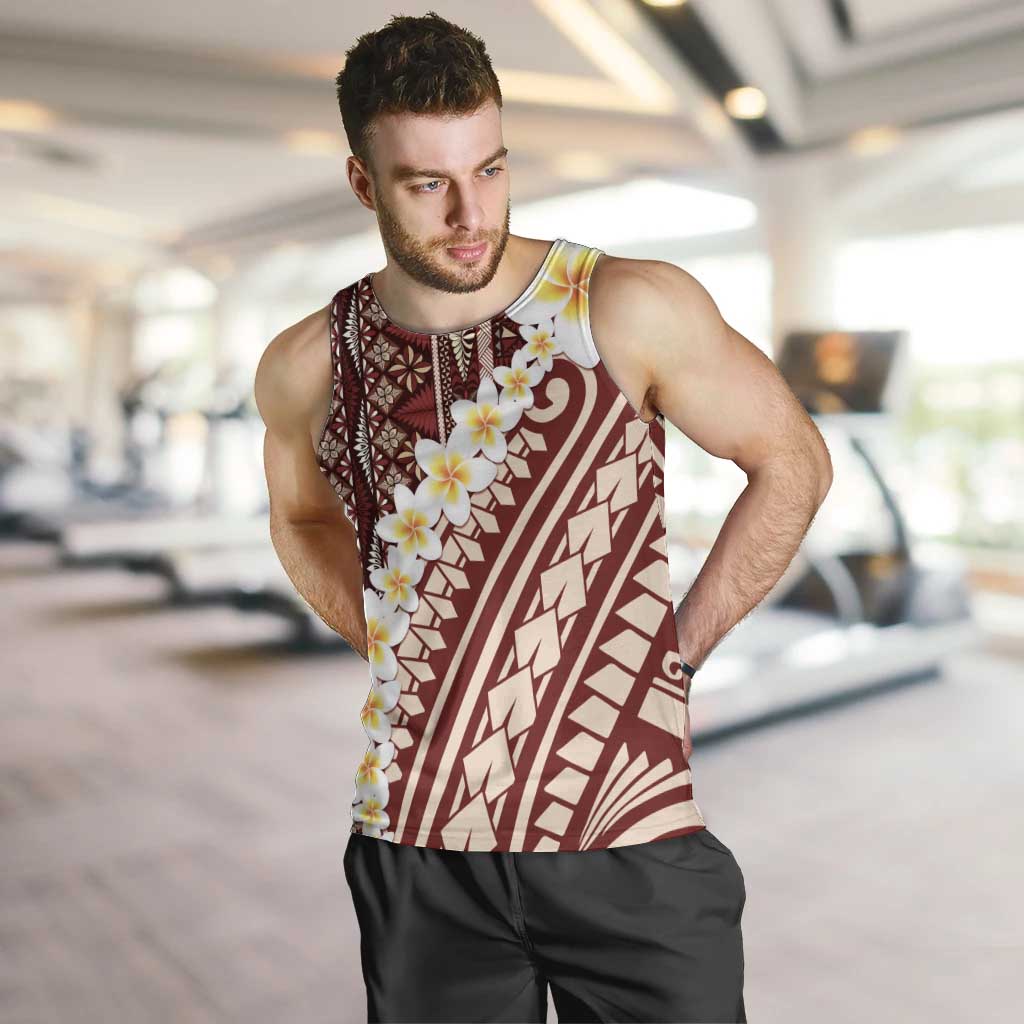 Red Vintage Tonga Ngatu Pattern With Plumeria Men Tank Top - Polynesian Pride