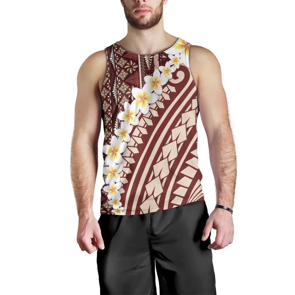 Red Vintage Tonga Ngatu Pattern With Plumeria Men Tank Top - Polynesian Pride