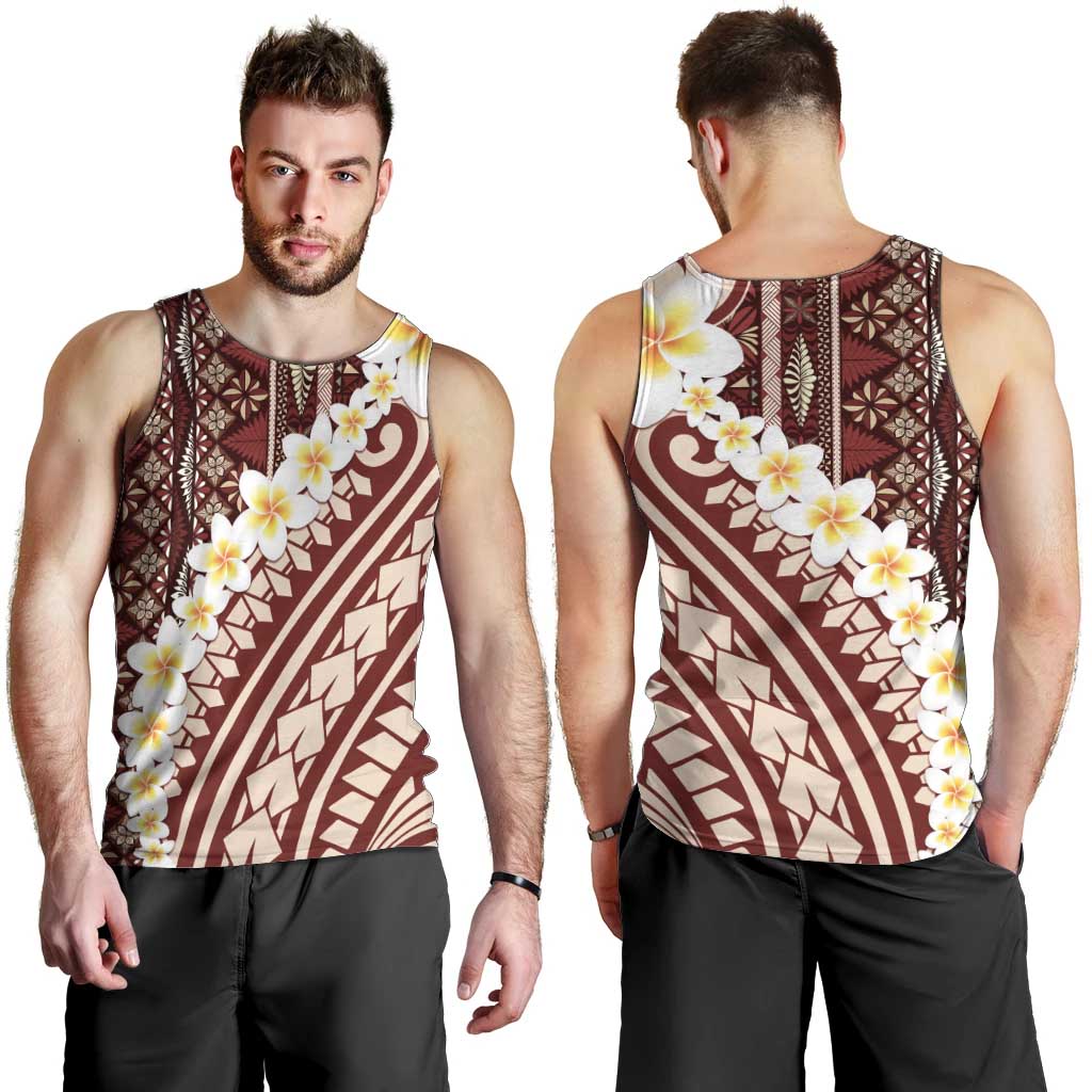 Red Vintage Tonga Ngatu Pattern With Plumeria Men Tank Top - Polynesian Pride