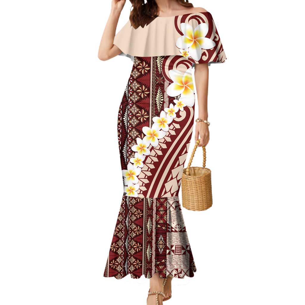 Red Vintage Tonga Ngatu Pattern With Plumeria Mermaid Dress - Polynesian Pride