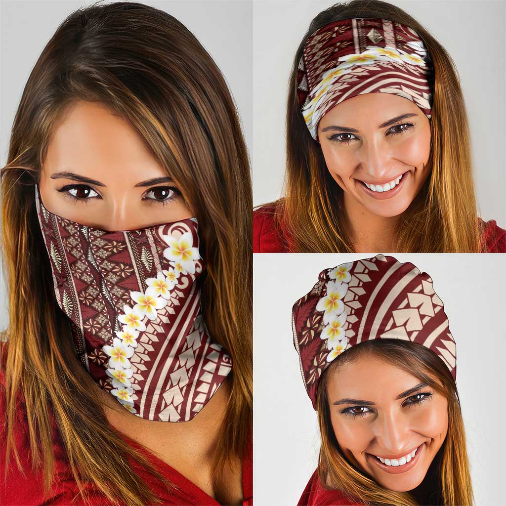 Red Vintage Tonga Ngatu Pattern With Plumeria Neck Gaiter - Polynesian Pride